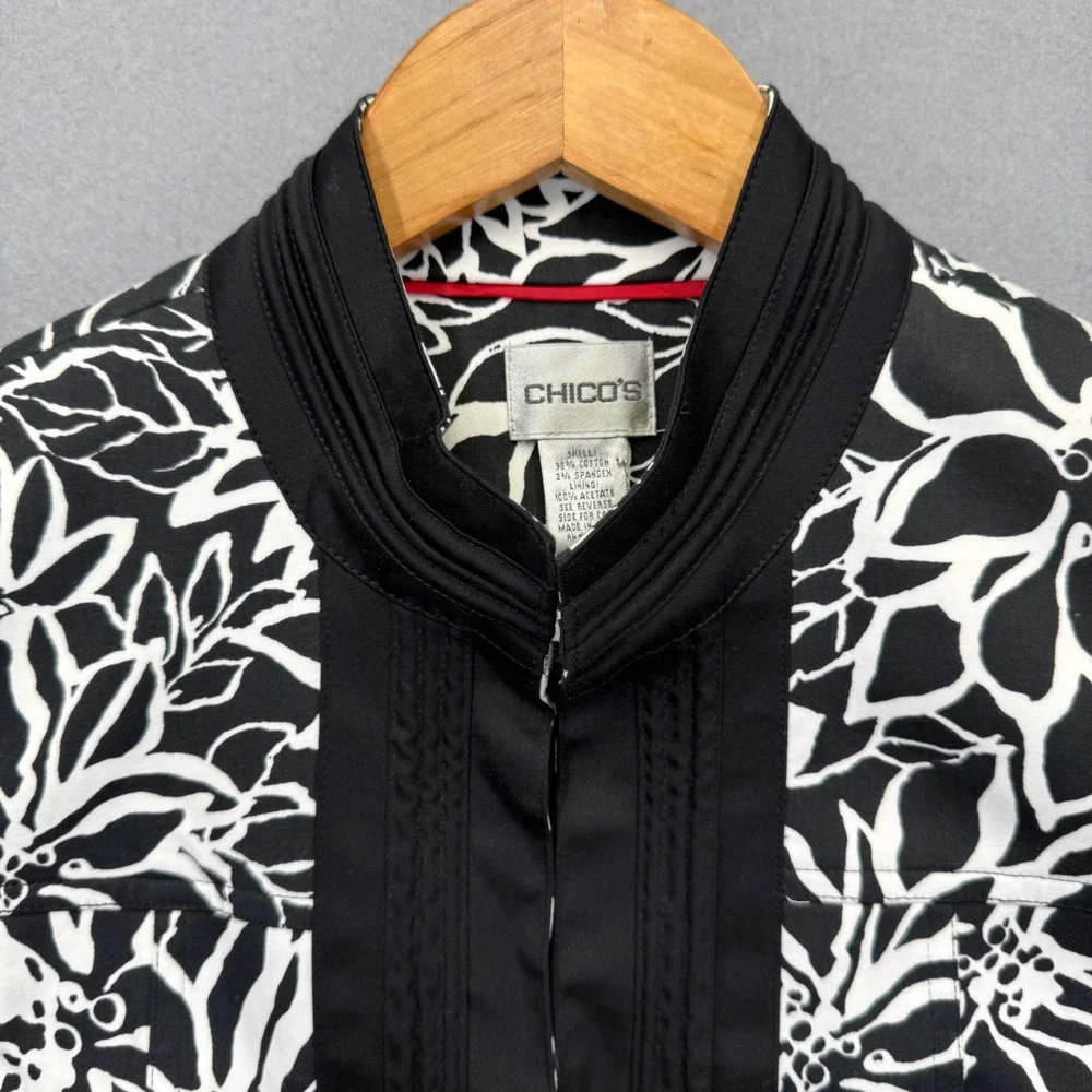 Chicos Womens Black White Floral Open Front Blazer Jacket Size 3 XL Cotton Blend